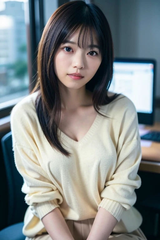 highest quality, 16k, girl, 48 years old, Raw photo, professional photography, portrait, late night office,dark lighting、 Weak contrast、professional lighting, alone, sitting in front of the computer、笑face, close, face, close, cute, girly, goddess, 繊細なgirl, pure beauty, Digital single-lens reflex camera, avert your eyes, Frank, Sophisticated, film grain, (目とfaceの詳細:1.0), long hair swaying in the wind, bangs, (A loose white cashmere sweater、Vneck)、navy pleated skirt、smooth and beautiful thighs、beautiful feet、(big breasts:1.7)、deep cleavage、cute hanging eyes、