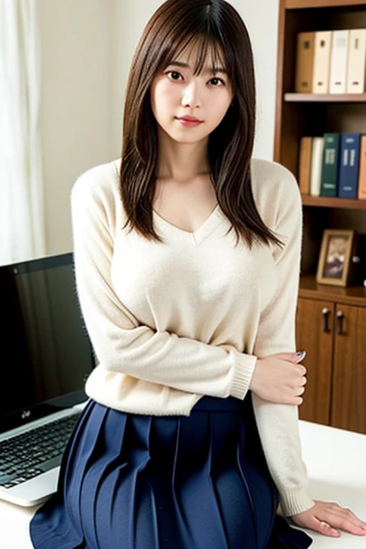 highest quality, 16k, girl, 48 years old, Raw photo, professional photography, portrait, late night office,dark lighting、 Weak contrast、professional lighting, alone, sitting in front of the computer、笑face, close, face, close, cute, girly, goddess, 繊細なgirl, pure beauty, Digital single-lens reflex camera, avert your eyes, Frank, Sophisticated, film grain, (目とfaceの詳細:1.0), long hair swaying in the wind, bangs, (A loose white cashmere sweater、Vneck)、navy pleated skirt、smooth and beautiful thighs、beautiful feet、(big breasts:1.7)、deep cleavage、cute hanging eyes、