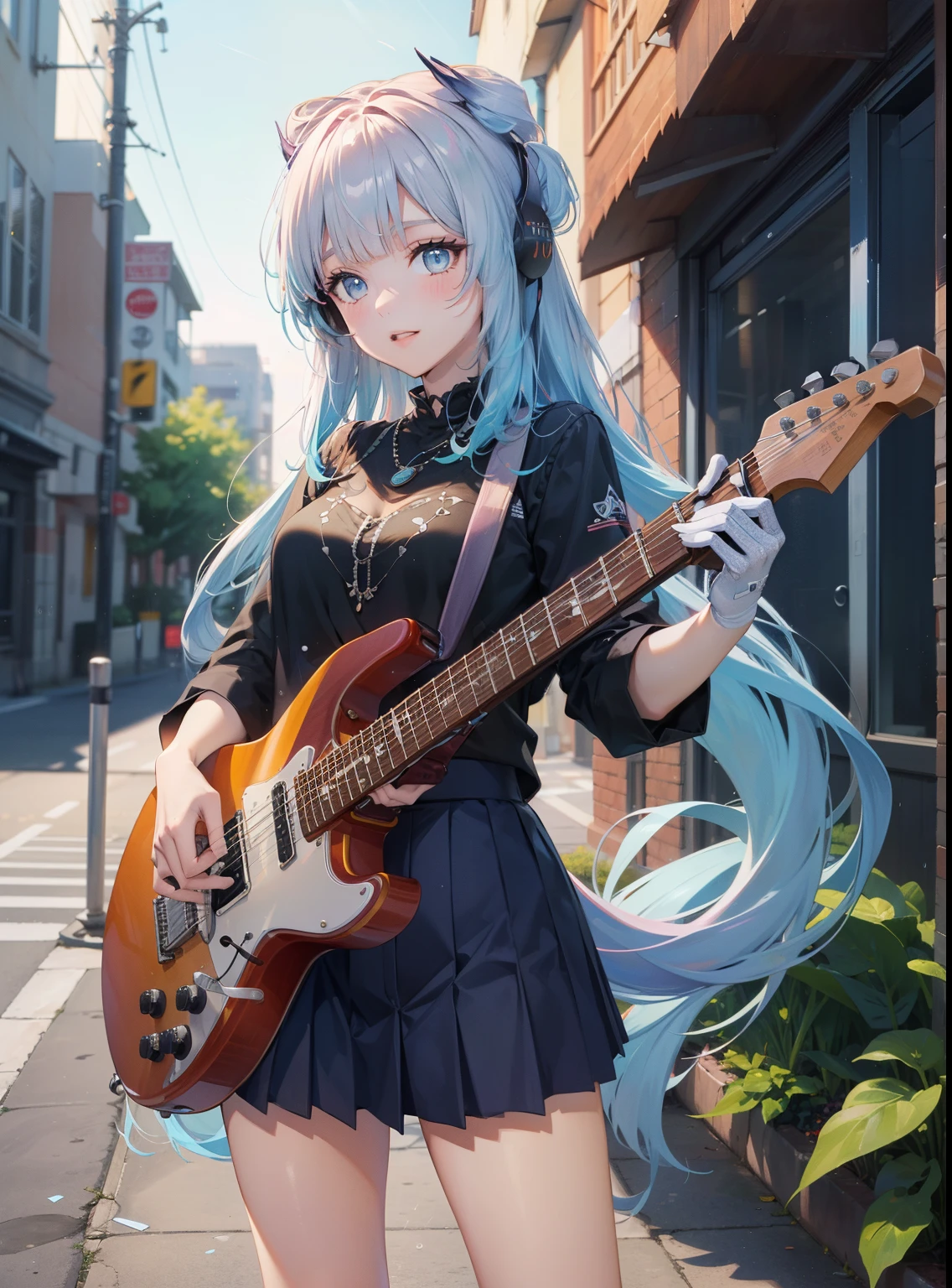 ((masterpiece, best quality))1 girl, alone, black skirt, blue eyes, electric Guitar, Guitar, earphone, Double tail辮, Keep, Keep plectrum, musical instrument, long hair, music, one side up, cyan hair, Double tail, play guitar, pleated skirt, Black shirt, Internal،rain , street, standing 