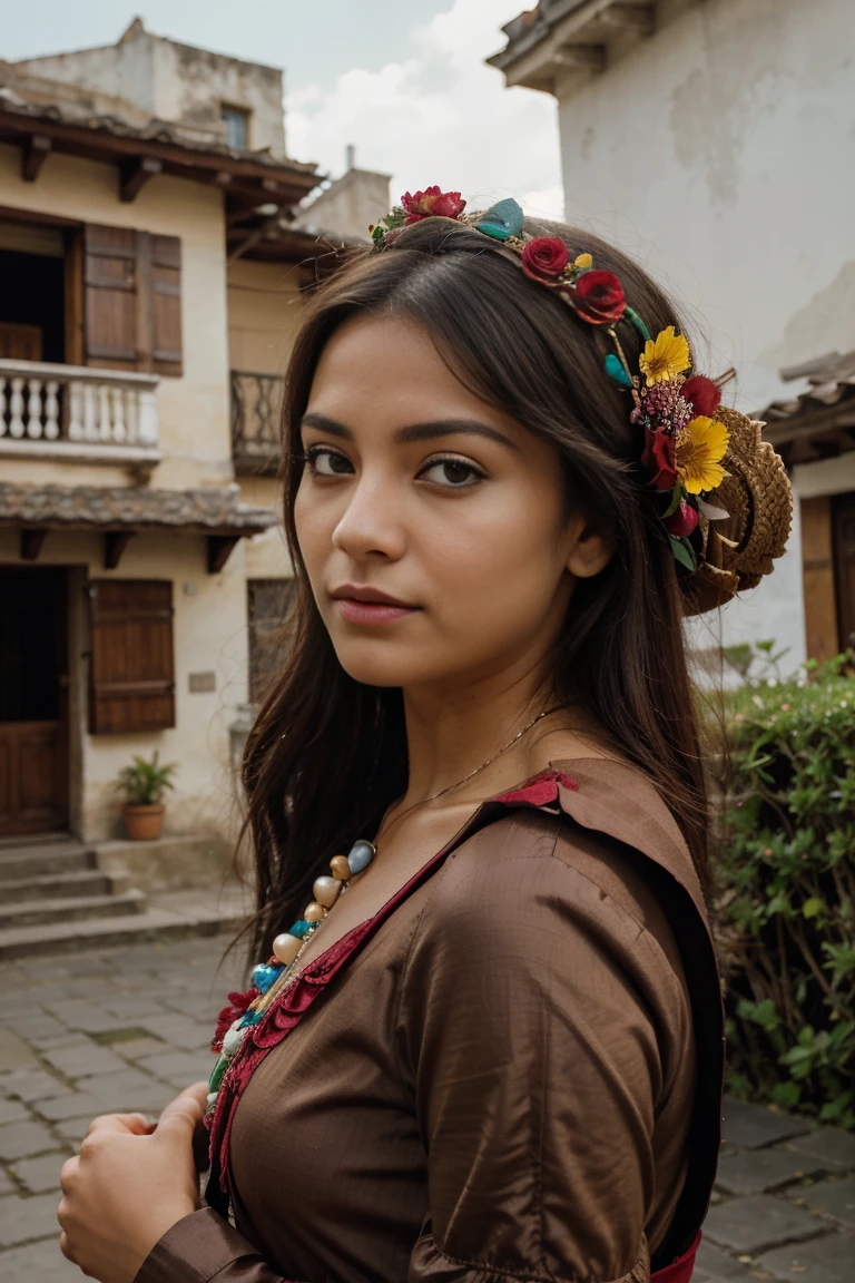 an impressive mexican woman, His personality recalls the timeless charm of Mexican tradition.. his eyes, full of stories, the eyes are a light shade of green, exuding wisdom with a touch of mischief. Her lips, rich and red, reflect the vitality of Mexican culture. Her hair, As dark and fluid as the Mexican night sky ,frames your face. Dressed in a traditional Mexican costume., The vibrant colors seem to reflect the very spirit of Mexico.. The surrounding environment displays a mix of street scenes symbolic of flowers.., colorful buildings, and the heavenly blue sky, sexy