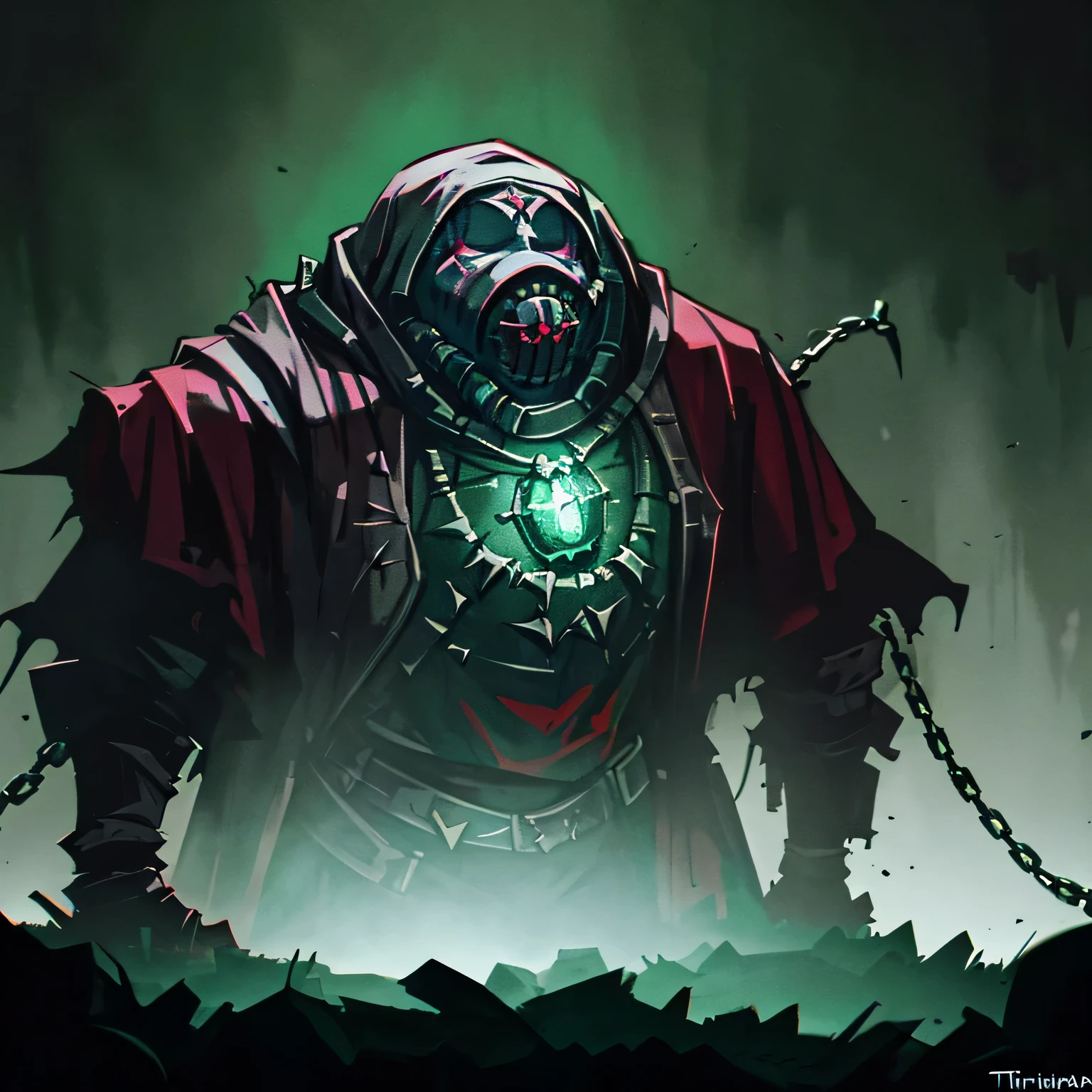 (((darkest dungeon style))), highly detailed trinket concept art, trinket, (green trinket on a chain), ((trinket with a glowing insect inside)), very dark background, (dark lighting), many shadows, cold lights
