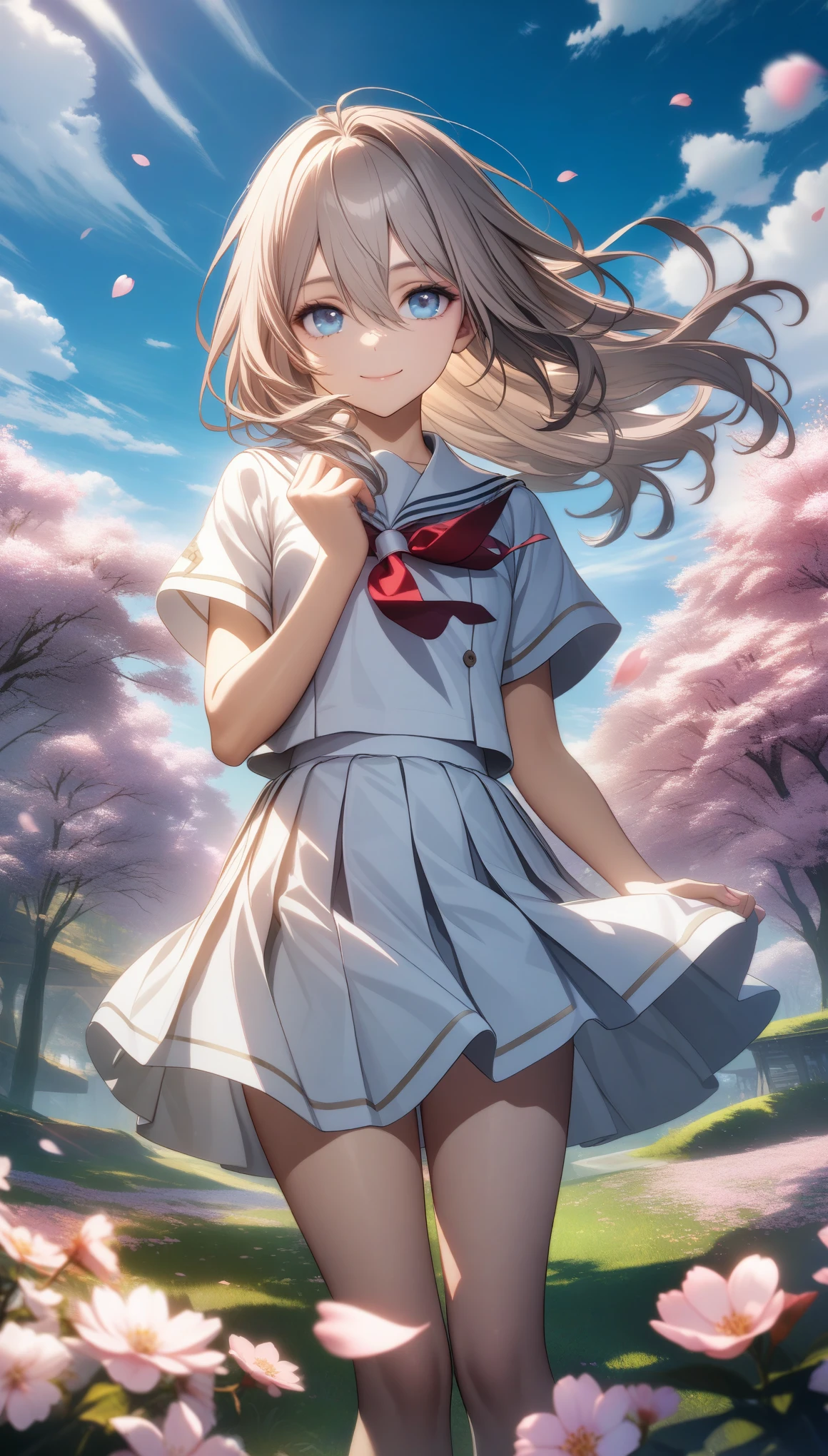 32k, best quality, ultra high res, HDR, UHD, extremely detailed CG, unity 32k wallpaper, solo, hair between eyes, blue eyes, closed mouth, standing, flower, outdoors, sky, cloud, tree, petals, floating hair, cherry blossoms, pink flower, (white sailor suit), smile, 