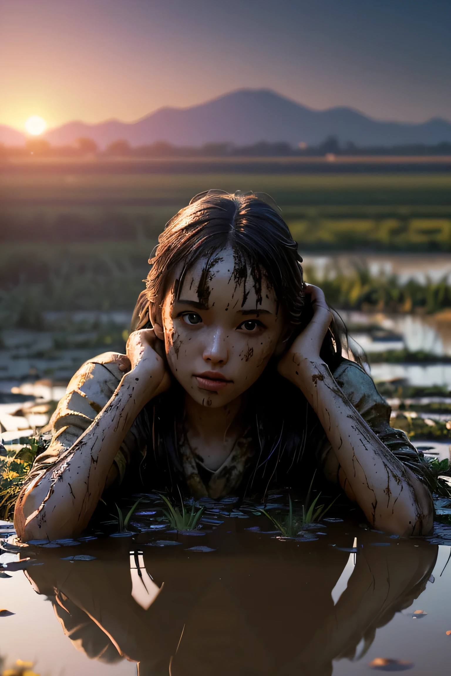 (masterpiece), (very complicated:1.3), (realistic), girl portrait, lying on her back floating on the surface of the mire, (dynamic perspective), the most beautiful in the world, (clothes covered with mud), from above, upper body, outdoor, intense sunlight, distant factory group, Kure, Hiroshima, Stunning female professional photo details, sharp focus, dramatic, Award history, cinematic lighting, Octane Rendering Unreal Engine, volumetrics dtx, (film grain, blurred background, blurred foreground, Bokeh, Depth of the bounds written, sunset, motion blur:1.3)