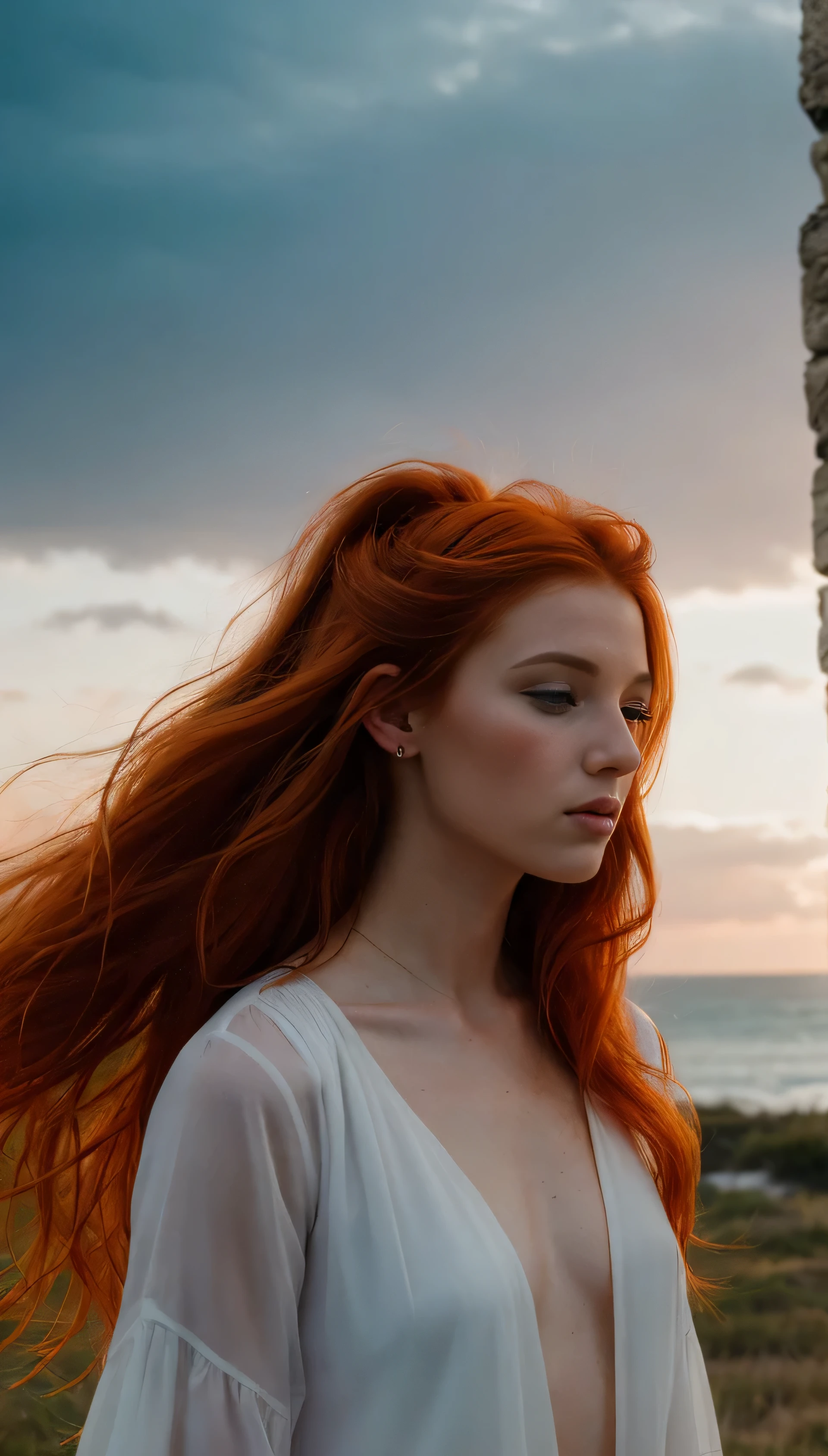 une photographie d&#39;une femme rousse aux tresses balayées par le vent, her hair tangled like flames on a twilight sky, emanating from&#39;an untamed beauty