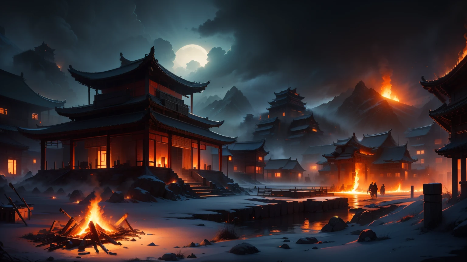 (best quality,highres,masterpiece:1.2),ultra-detailed,realistic,landscape,chinese ancient architecture,lios,night,campfire,spears,swords,weapons,banners,horses,smoking,burning city,flames,burning and smoking buildings,monte,lake,and,siege,murder,apocalypse style,dark skies