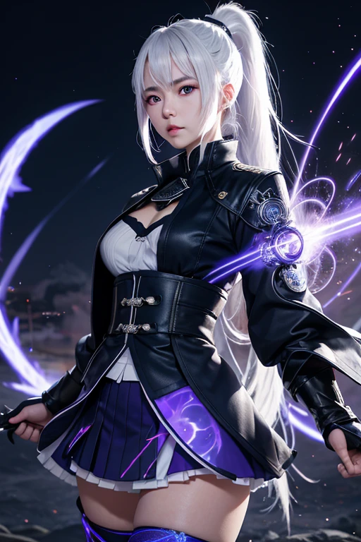 1girl, japanese clothes, ponytail ,white hair, purple eyes, magic circle, blue fire, blue flames, wallpaper, landscape, blood, blood splatter, depth of field, night, light particles, light rays, sidelighting, thighs, fate \(series\), genshin impact, ****, open jacket, skirt, thighhighs, cloud
