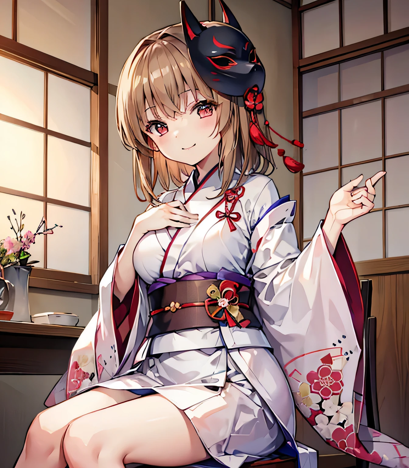 smile、Breast flick、kimono、mask、sit on a chair、exposing the chest、Japanese style room、tits、Red narrow eyes、light brown hair