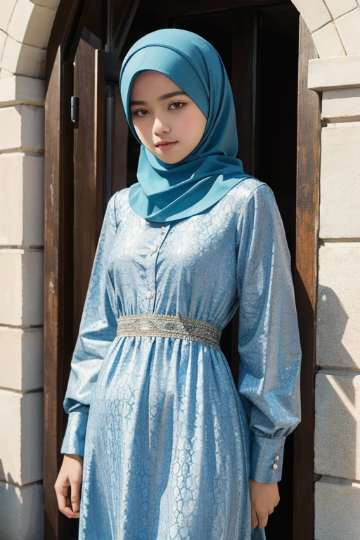 ((best quality:1.2)), ((masterpiece)), (detailed:1.2), young ???, 17 year old, wear loosely muslim dress, in front of mosque, real skin texture,