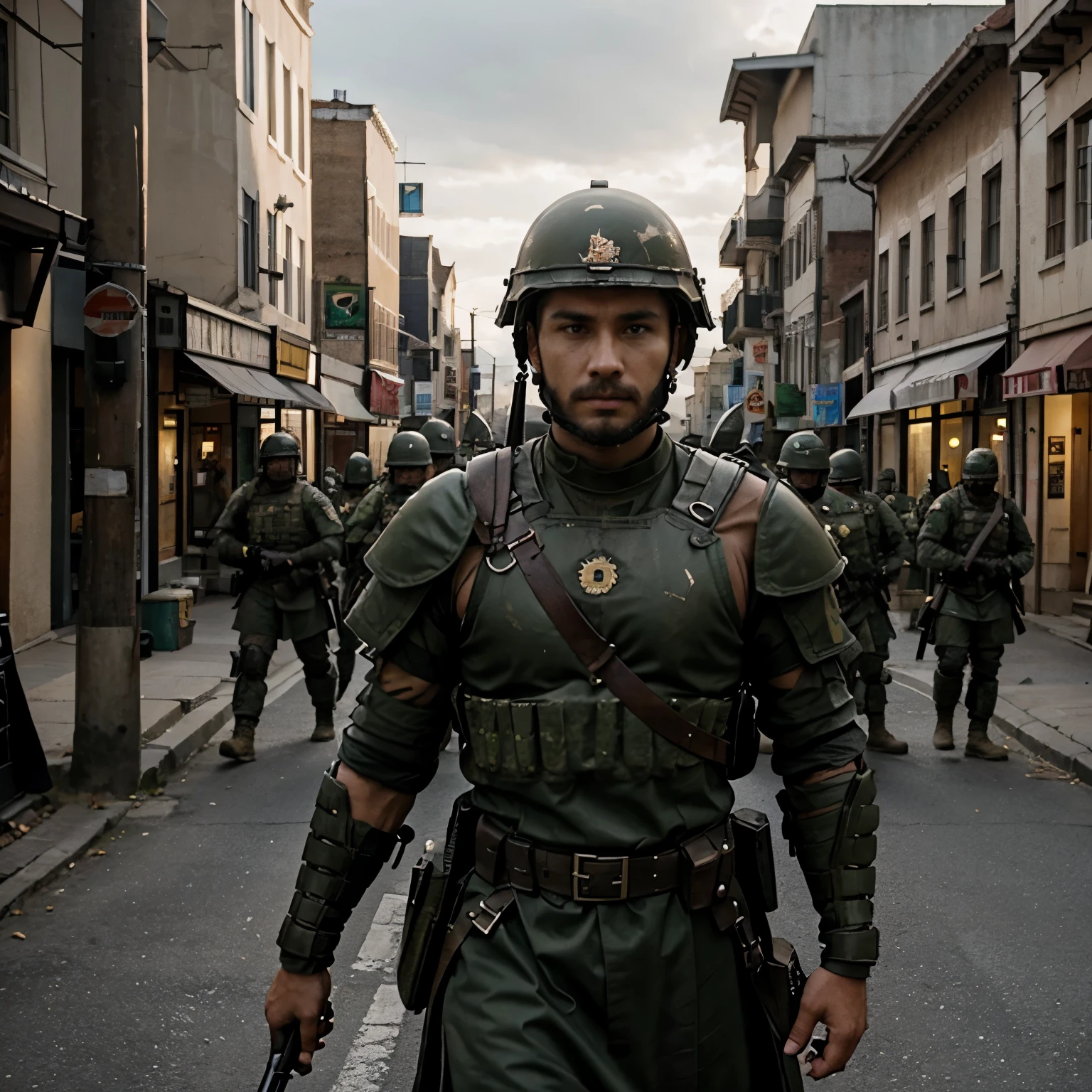 foto realista, homem meia idade, whitish eyes, marks of tired expression, cabelos pretos liso ondulado, pele clara,, suja, casaco cinza, scarf around the neck, olhar triste chorando lagrimas suave, em desespero. Post-apocalyptic scenario, ambiente apocaliptco, a crowd in despair blurred in the background. soldiers threatening people with clubs. oppressed people being threatened, pessoas correndo em desespero.
