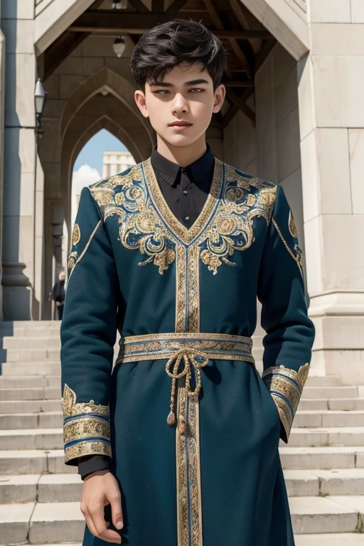 ((best quality:1.2)), ((masterpiece)), (detailed:1.2), young boy, 17 year old, wear loosely muslim dress, in front of mosque, real skin texture, 