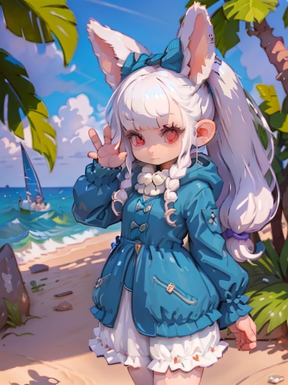 (3D,3D Art)#1 girl(3D Art:2.0,Chibi,cute,kawaii,,white hair:1.6,long hair:1.6,hair is pony tail,white rabbit ear,white dress,red eyes,big eyes,skin color white,big hairbow,beachball,cute swim wear,short skirt),#background(outdoor,at beautiful seaside:1.4),(3D Art),(from above:1.4),(white hair,white rabbit ear),draw correct human hand