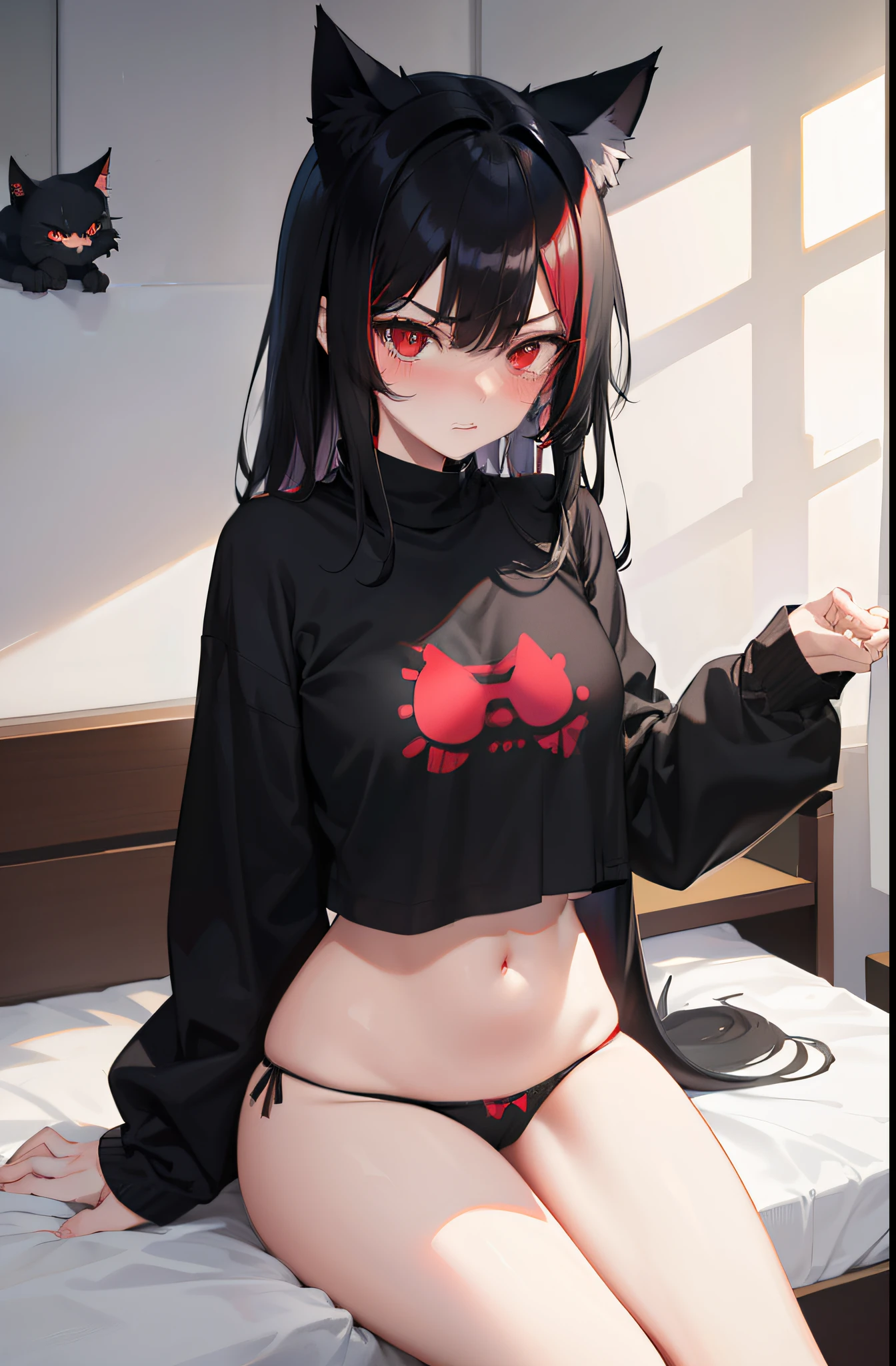 masterpiece, best quality, anime girl with black hair, red eyes and cat ears, wearing black underwear, bedroom, looking at viewer, angry, blushing, changing clothes