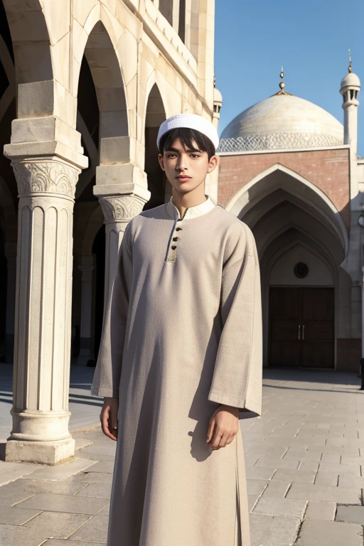 ((best quality:1.2)), ((masterpiece)), (detailed:1.2), young boy, , wear loosely muslim dress, in front of mosque, real skin texture, 