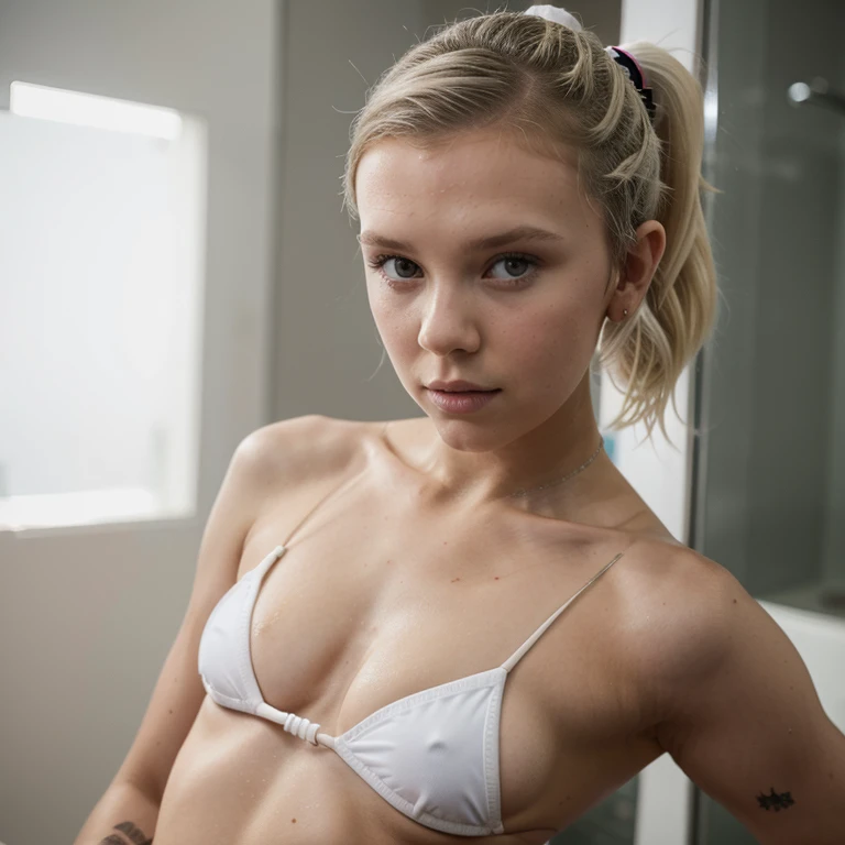 (Millie bobby brown), (micro bikini), (athletic), (white blonde hair), (tight ponytail)