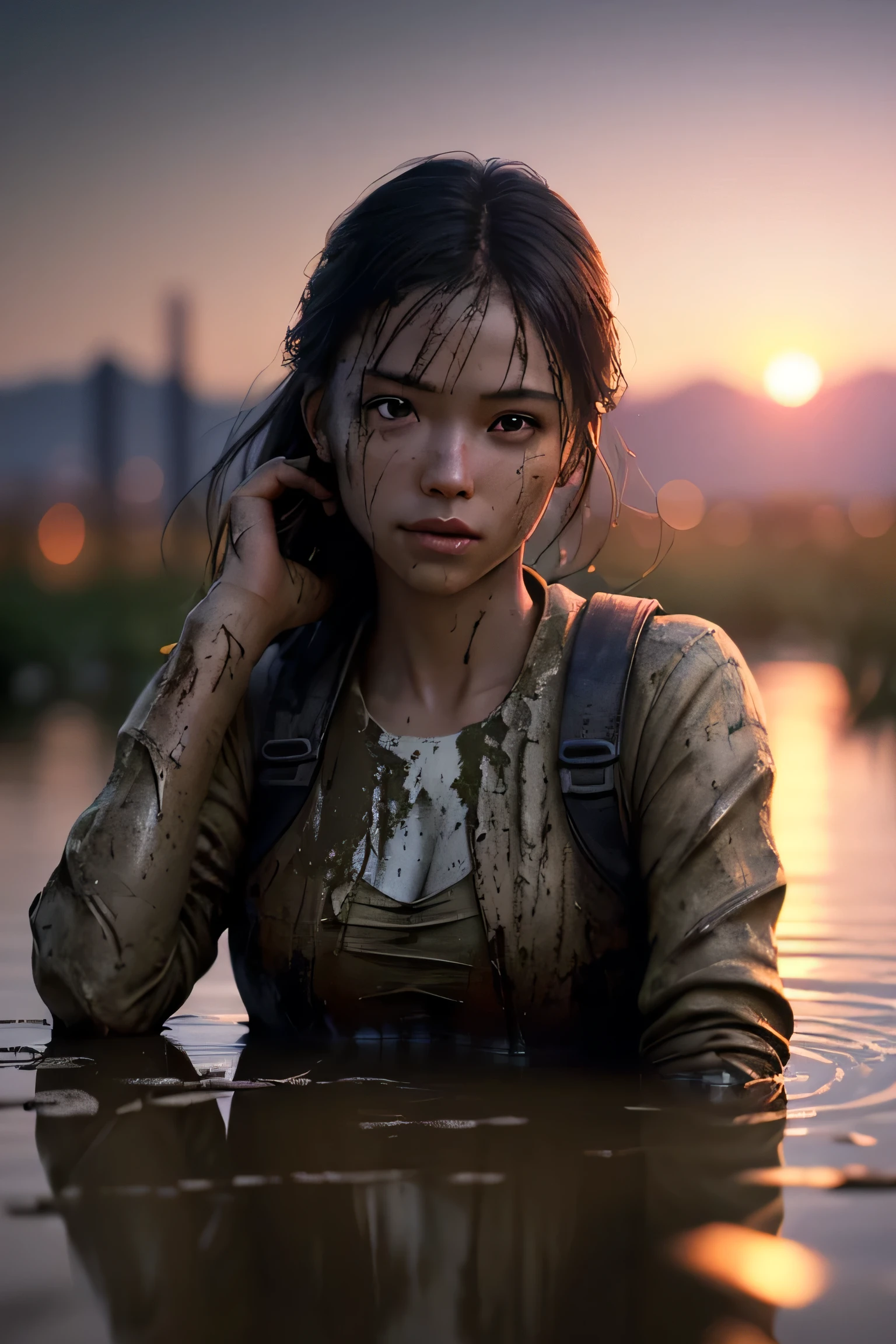 (masterpiece), (very complicated:1.3), (realistic), girl portrait, lying on her back floating on the surface of the mire, (dynamic perspective), the most beautiful in the world, (clothes covered with mud), from above, upper body, navel, outdoor, intense sunlight, distant factory group, Kure, Hiroshima, Stunning female professional photo details, sharp focus, dramatic, Award history, cinematic lighting, Octane Rendering Unreal Engine, volumetrics dtx, (film grain, blurred background, blurred foreground, Bokeh, Depth of the bounds written, sunset, motion blur:1.3)