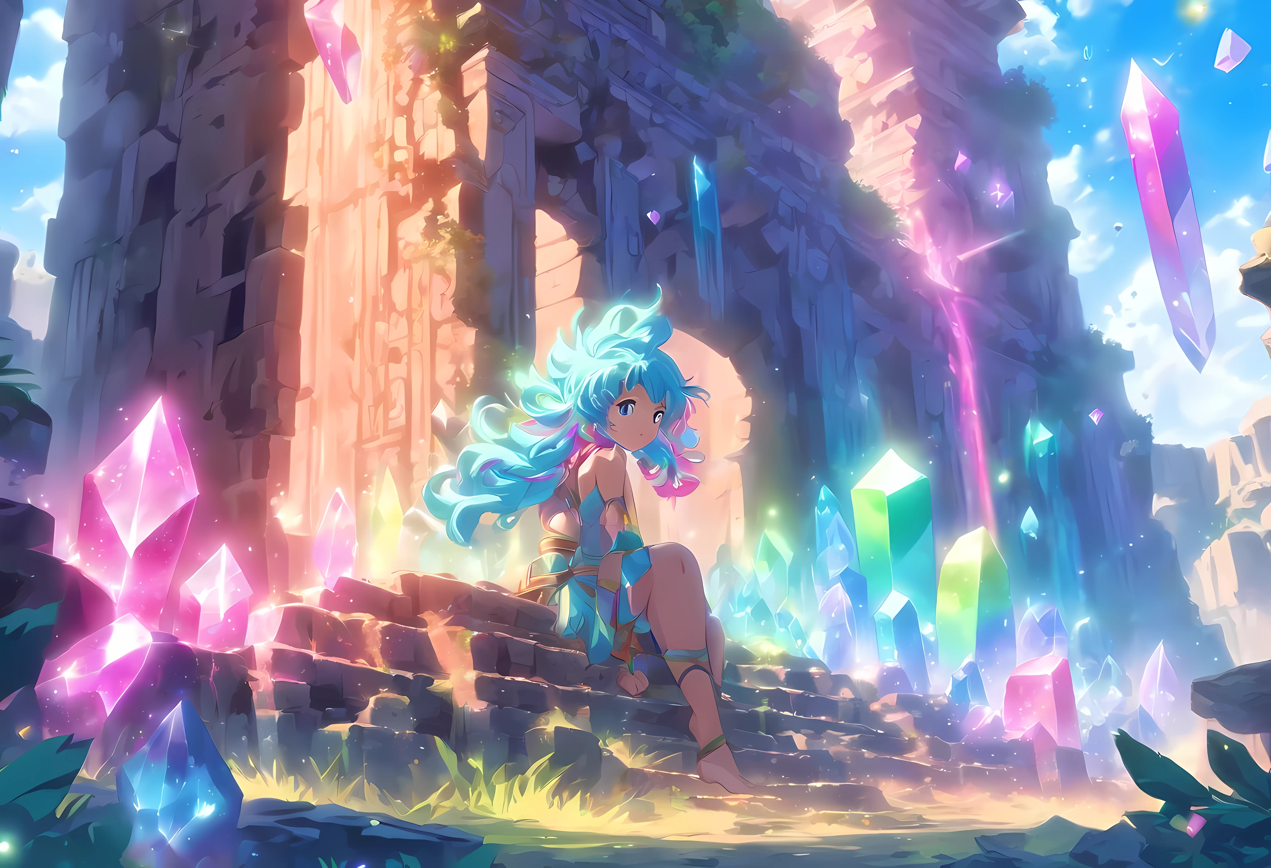 (masterpiece, detailed, highres, underground ruin, ancient ruins, rainbow crystals, shimmering liquid:1.6), (1girl, rainbow hair, barefoot:1.3) (from behind, looking away from viewer:1.2)