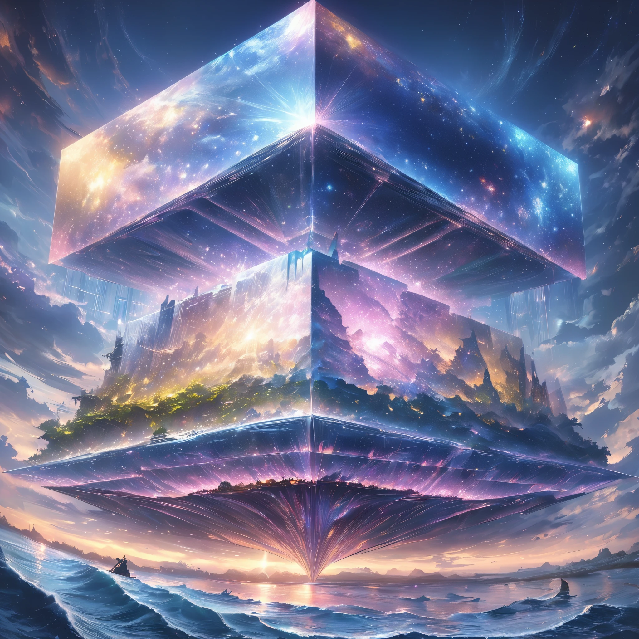 (best quality,,high resolution,masterpiece:1.2), Magical scenery at sea，There is a huge square structure in the middle, ，divine light，The huge square structure exudes a sacred light，realism | bipur, bipur daily art, alien architecture, futuristic architecture art, bipur. hyperrealism, bipur |, bipur!!, 通过bipur, bipur style, bipur masterpiece, inspired by starry night