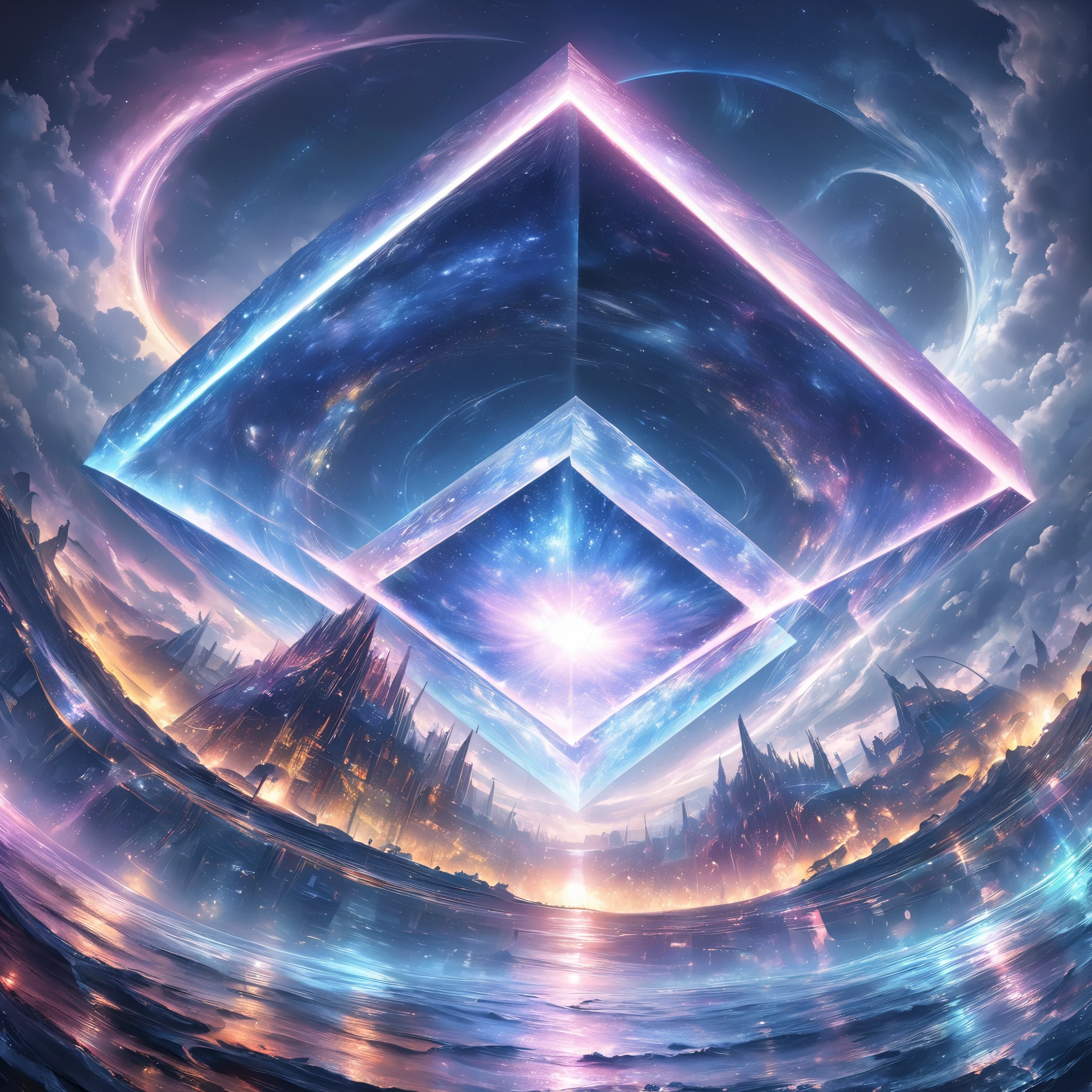(best quality,,high resolution,masterpiece:1.2), Magical scenery at sea，There is a huge square structure in the middle, ，divine light，The huge square structure exudes a sacred light，realism | bipur, bipur daily art, alien architecture, futuristic architecture art, bipur. hyperrealism, bipur |, bipur!!, 通过bipur, bipur style, bipur masterpiece, inspired by starry night