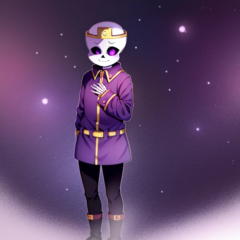 nightmare!sans, skeleton, dark purple jacket, black pants, dark purple boots, lavender pupils, smiling, golden moon crown, goldev belt has NM sign, standing still, solo, eye holes, dark eyes, cartoon, cartoon eyes