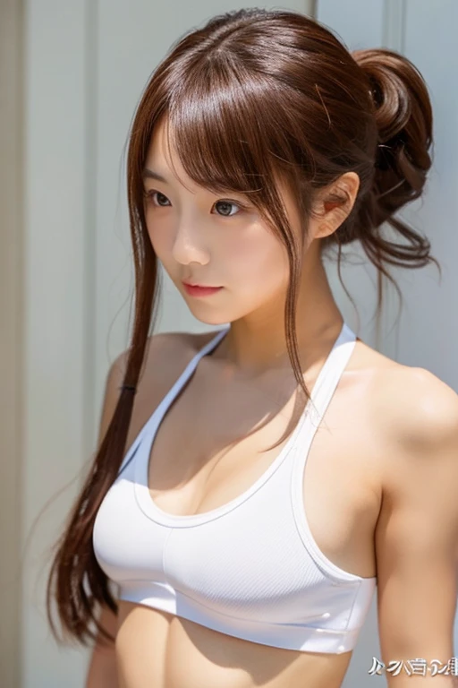 beautiful japanese girl　ＪＣ　younger sister　Shyness　bright chestnut hair　ponytail　white skin　My sports bra is getting too tight　A full-body image that shows the good style　sexy underwear　Completely naked