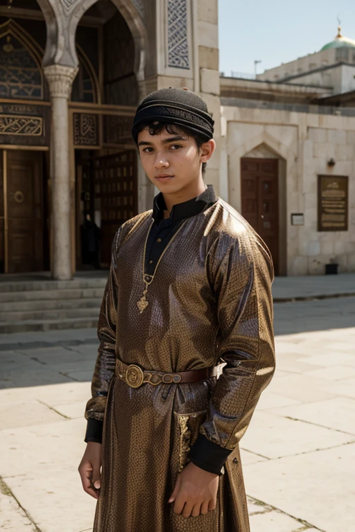 ((best quality:1.2)), ((masterpiece)), (detailed:1.2), young boy, 17 year old, wear loosely muslim dress, in front of mosque, real skin texture, 