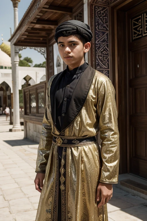 ((best quality:1.2)), ((masterpiece)), (detailed:1.2), young boy, 17 year old, wear loosely muslim dress, in front of mosque, real skin texture,