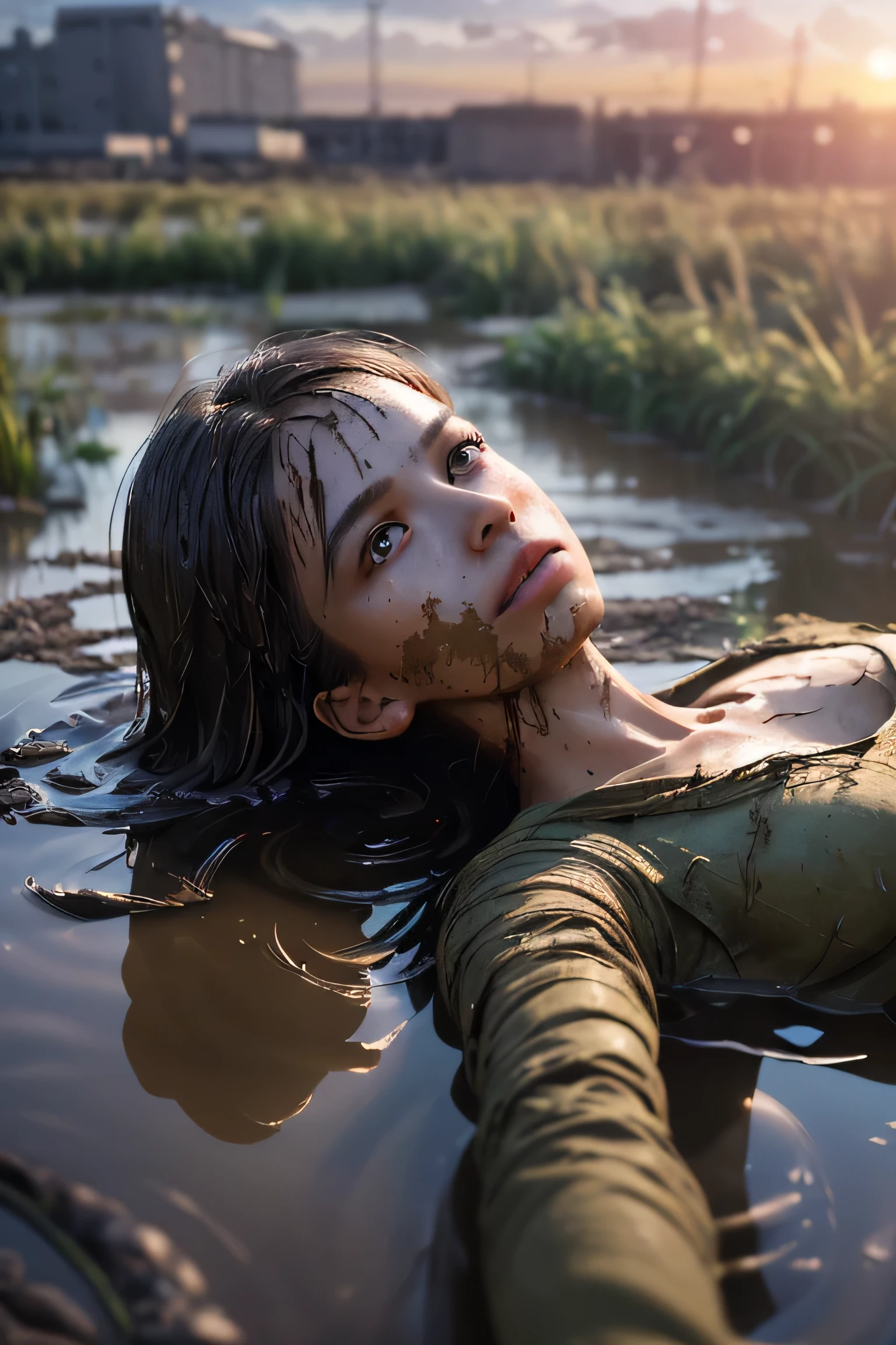 (masterpiece), (very complicated:1.3), (realistic), girl portrait, lying on her back floating on the surface of the mire, (dynamic perspective), the most beautiful in the world, (clothes covered with mud), from above, upper body, navel, outdoor, intense sunlight, distant factory group, Kure, Hiroshima, Stunning female professional photo details, sharp focus, dramatic, Award history, cinematic lighting, Octane Rendering Unreal Engine, volumetrics dtx, (film grain, blurred background, blurred foreground, Bokeh, Depth of the bounds written, sunset, motion blur:1.3)