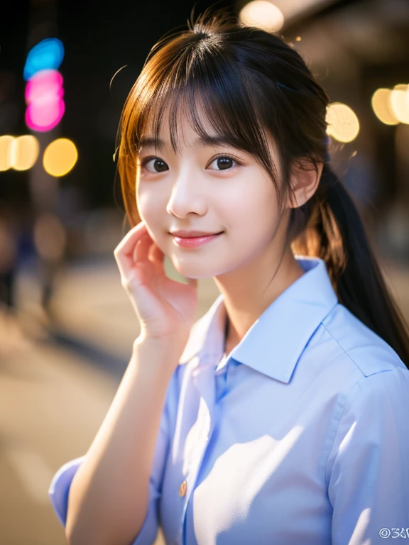 beautiful girl, small face,Clean eyes,small mouth,Are standing, On The Side Of The Street、young japanese woman、beautiful woman pictures、japanese model、60mm portrait、color photo portrait 4k、soft portrait shot 8k、15 year old girl,(8K、Raw photo、highest quality、masterpiece:1.2)、(realistic、Photoreal:1.37)、Super detailed、
1 girl、cute、alone、beautiful detailed sky、Detailed cafe、night、Are standing、date、(nose becomes red)、(closed your mouth)、A cup breasts:1.5,professional lighting、Sony α7R4、Zecy 50mm F1.8、
small breasts、Beautiful eyes in every detail、(collared shirt:1.1)、uniform、Smile,ponytail,whole body,high school girl,closed mouth,