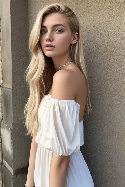 1 fille dans, 19 ans, seulement, cheveux longs, Colossal , regarder le spectateur, cheveux blond, bare shoulders, yeux marrons, bijoux, Tout le corps, un collier, off the shoulders, Chandails, Realistic, Un sexy