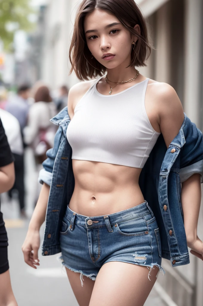 ((medium breast, tomboy girls, small head)),  (chiseled abs : 1.1), (perfect body : 1.1), (short wavy hair : 1.2) , auburn hair, collar, chain, full body shot, crowded street, wearing black tanktop, jeans jacket, ((shorts)), (extremely detailed CG 8k wallpaper), (an extremely delicate and beautiful), (masterpiece), (best quality:1.0), (ultra highres:1.0),  beautiful lighting ,perfect lightning, realistic shadows, [highres], detailed skin, ultra-detailed (((colorful)))