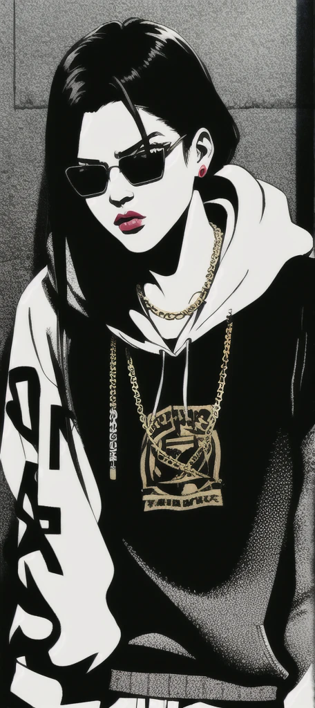 90s style tall thug gangsta, rude swagger arrogant haughty female disgusted, , saggy creased baggy stylish hip hop hoodie intimidating eyes, glossy lips, sunglasses detailed facial features, dark contrast graffitied urban background, long chain necklace, multiple gold bracelets, tattoos, street swagger, confident pose, dark shadows, high contrast, urban fashion style, realistic street art, bold brush strokes, dynamic composition, highres, masterpiece:1.2, ultra-detailed, , HDR, studio lighting rap getsures rude gestures