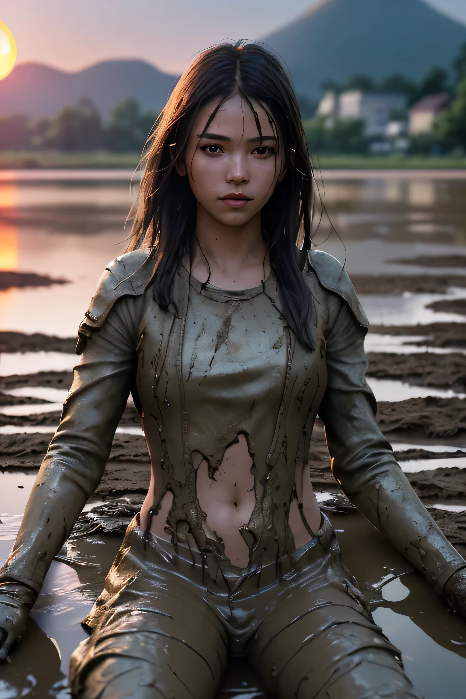 (masterpiece), (very complicated:1.3), (realistic), girl portrait, lying on her back floating on the surface of the mire, (dynamic perspective), the most beautiful in the world, (clothes covered with mud), from above, upper body, navel, outdoor, intense sunlight, distant factory group, Kure, Hiroshima, Stunning female professional photo details, sharp focus, dramatic, Award history, cinematic lighting, Octane Rendering Unreal Engine, volumetrics dtx, (film grain, blurred background, blurred foreground, Bokeh, Depth of the bounds written, sunset, motion blur:1.3)