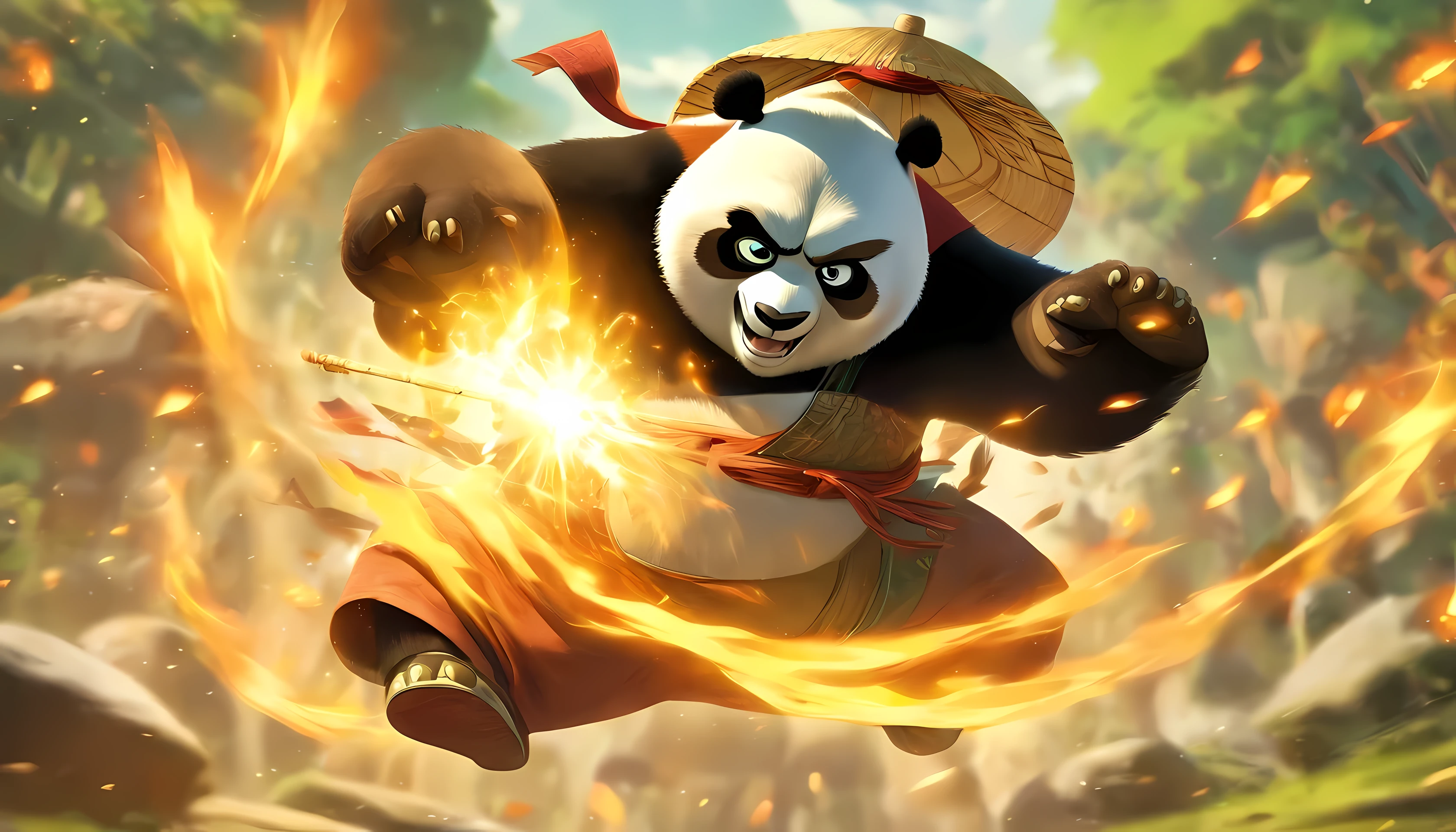 the adorable Kung-Fu Panda, em um campo de treinamento cheio de bambu, he's wearing Luffy's straw hat, On his head is a straw hat, Samurai straw hat on head. He strikes a standing pose for the opponent with both hands, Gesture that you're going to start fighting. Lighting is dramatic, emphasizing their determination. This scene captures the essence of the journey from after to become the Dragon Warrior, Focused image on your hands and head, Angle above the chest