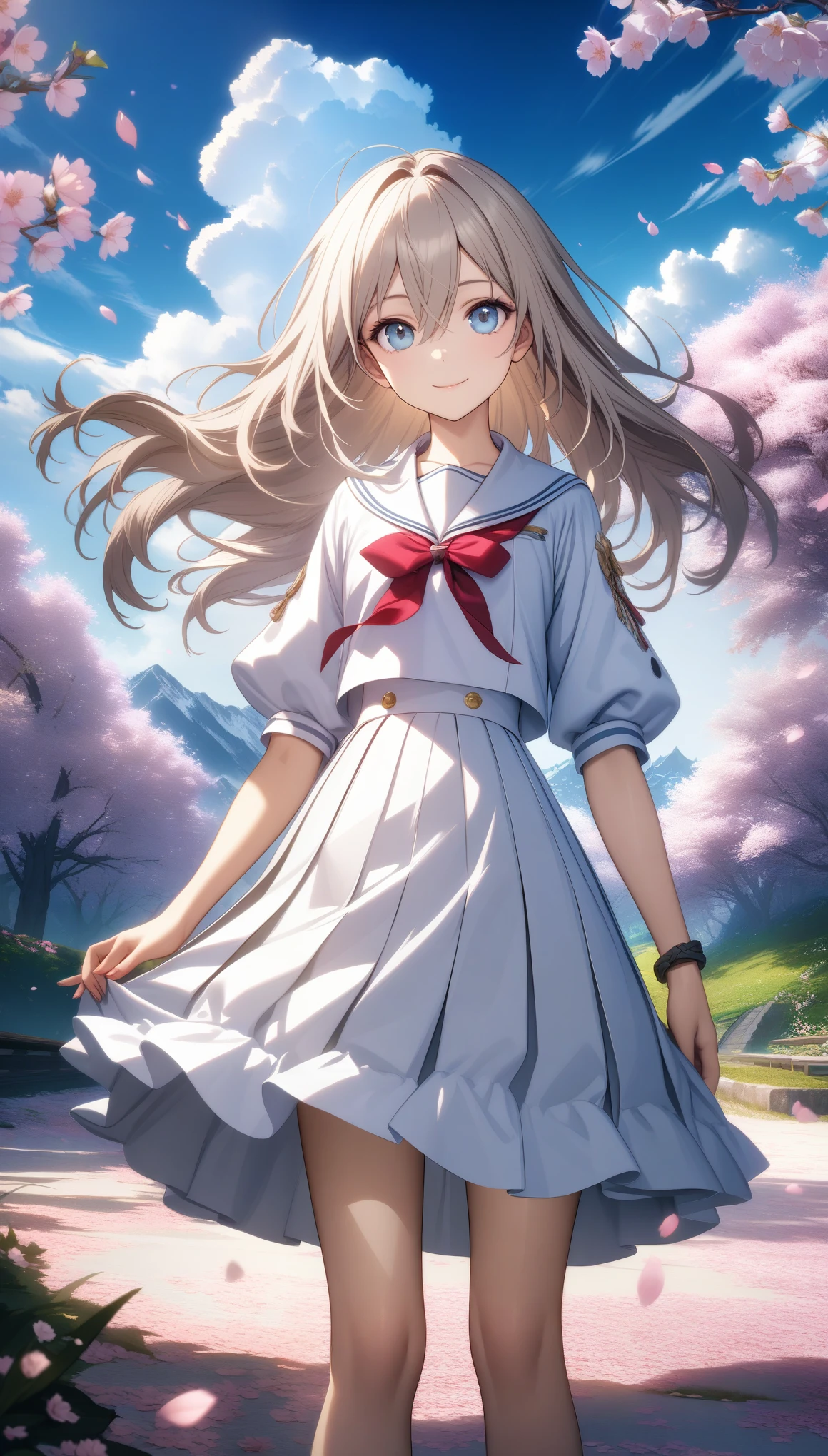 32k, best quality, ultra high res, HDR, UHD, extremely detailed CG, unity 32k wallpaper, solo, hair between eyes, blue eyes, closed mouth, standing, flower, outdoors, sky, cloud, tree, petals, floating hair, cherry blossoms, pink flower, (white sailor suit), smile, 