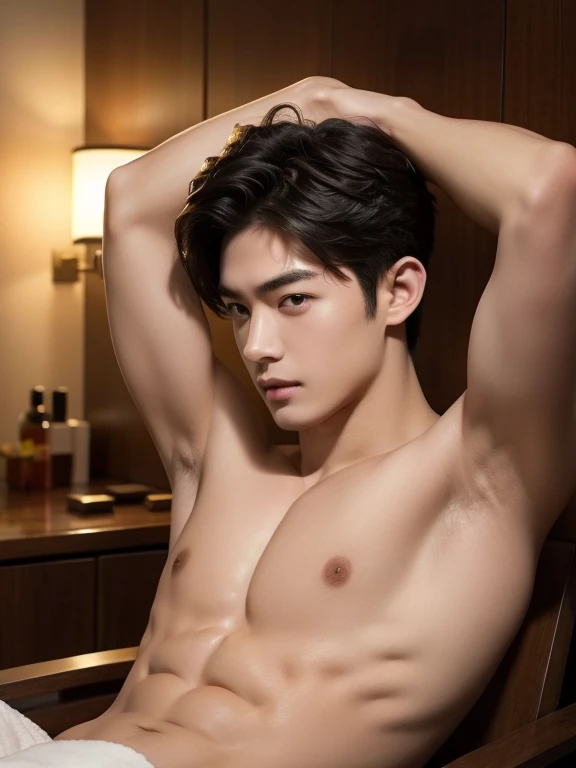 Naked man, Receiving an oil massage、Shiny skin、Masseuse's arms , Beauty Salon , realistic handsome Japanese face , modest muscles , masterpiece、A high resolution、hyperrealism、detailed face、solo、a men、glowing skin、(Asian)、(young、ager)、Handsome、detailed background、Handsome