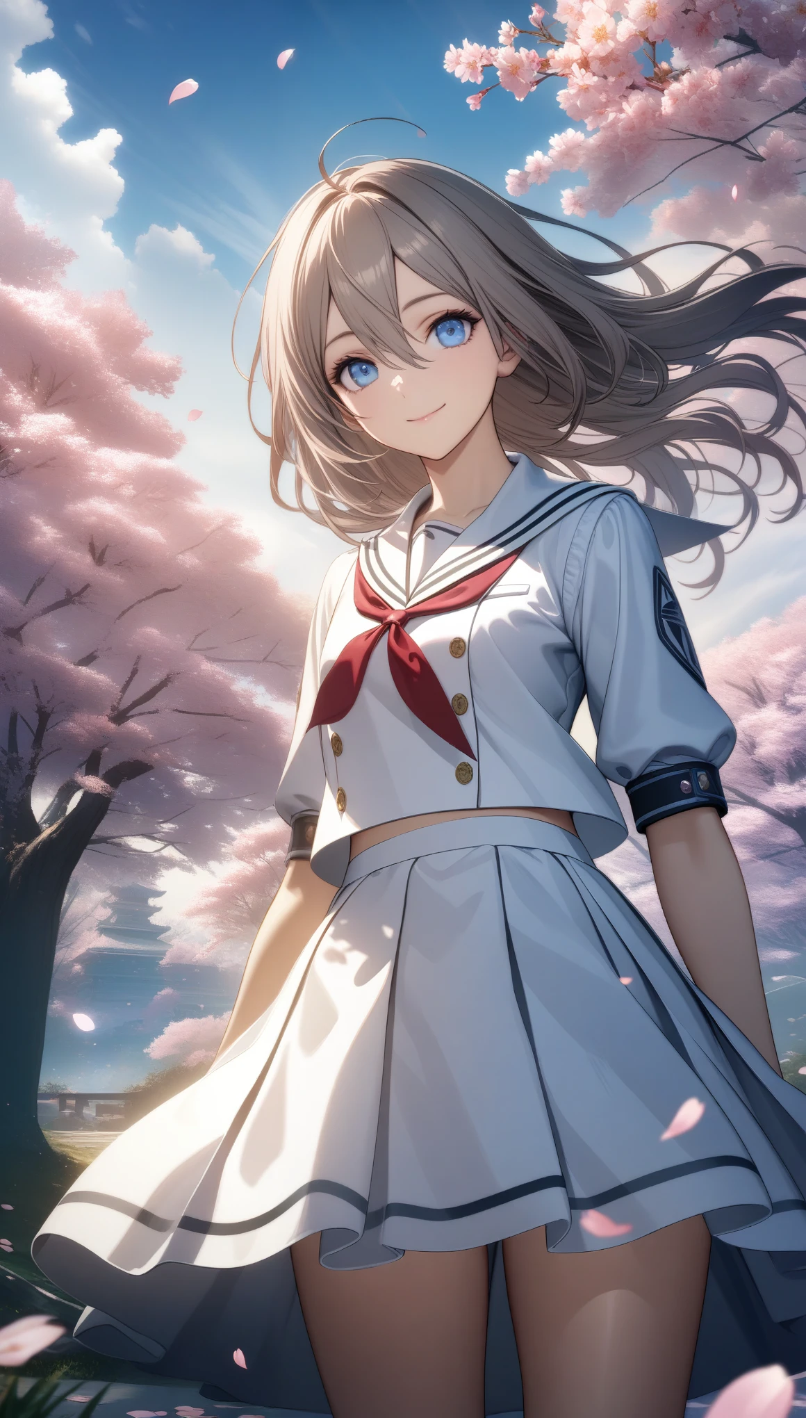 32k, best quality, ultra high res, HDR, UHD, extremely detailed CG, unity 32k wallpaper, solo, hair between eyes, blue eyes, closed mouth, standing, flower, outdoors, sky, cloud, tree, petals, floating hair, cherry blossoms, pink flower, (white sailor suit), smile, 