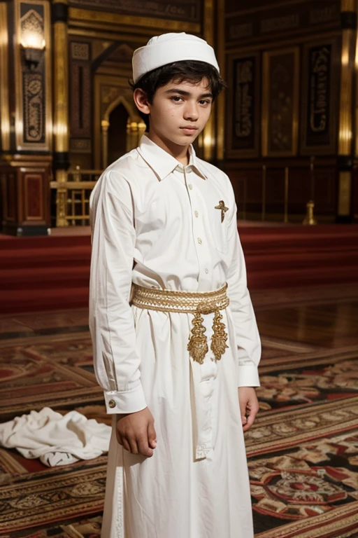 ((best quality:1.2)), ((masterpiece)), (detailed:1.2), young boy, 17 year old, wear white loosely muslim dress, in front of Kaaba, real skin texture, 