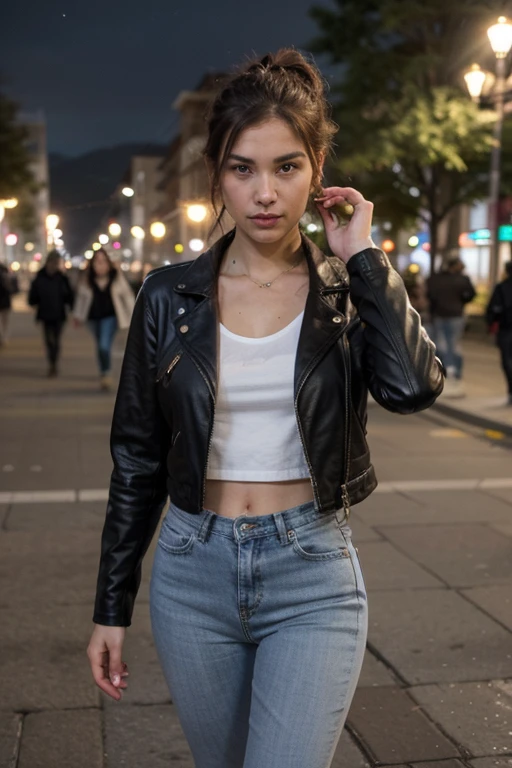 ((Mejor calidad)), ((obra maestra)), (detallado), cara perfecta, sexy woman, dressed in tight denim jeans, wearing a leather jacket, at night, lights, hair up and white sneakers. standing in a park in the city of Cusco, you can't see her hands, it's night, she hides her hands, real, realistic, great detail, realistic
