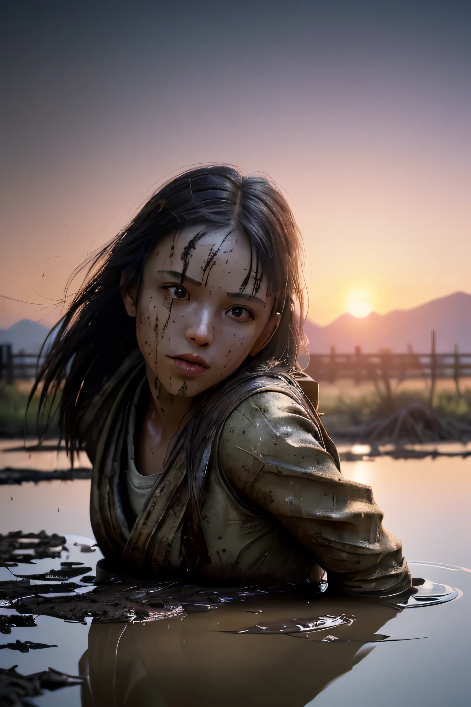 (masterpiece), (very complicated:1.3), (realistic), girl portrait, lying on her back floating on the surface of the mire, (dynamic perspective), the most beautiful in the world, (clothes covered with mud), from above, upper body, navel, outdoor, intense sunlight, distant factory group, Kure, Hiroshima, Stunning female professional photo details, sharp focus, dramatic, Award history, cinematic lighting, Octane Rendering Unreal Engine, volumetrics dtx, (film grain, blurred background, blurred foreground, Bokeh, Depth of the bounds written, sunset, motion blur:1.3)