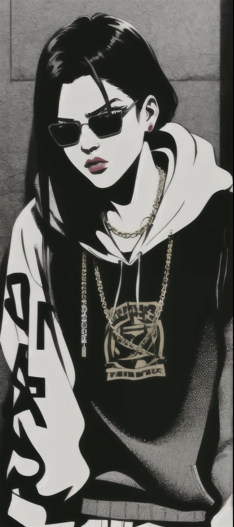 90s style tall thug gangsta, rude swagger arrogant haughty female disgusted, , saggy creased baggy stylish hip hop hoodie intimidating eyes, glossy lips, sunglasses  detailed facial features, dark contrast graffitied urban background, long chain necklace, multiple gold bracelets, tattoos, street swagger, confident pose, dark shadows, high contrast, urban fashion style, realistic street art, bold brush strokes, dynamic composition, highres, masterpiece:1.2, ultra-detailed, , HDR, studio lighting rap getsures rude gestures