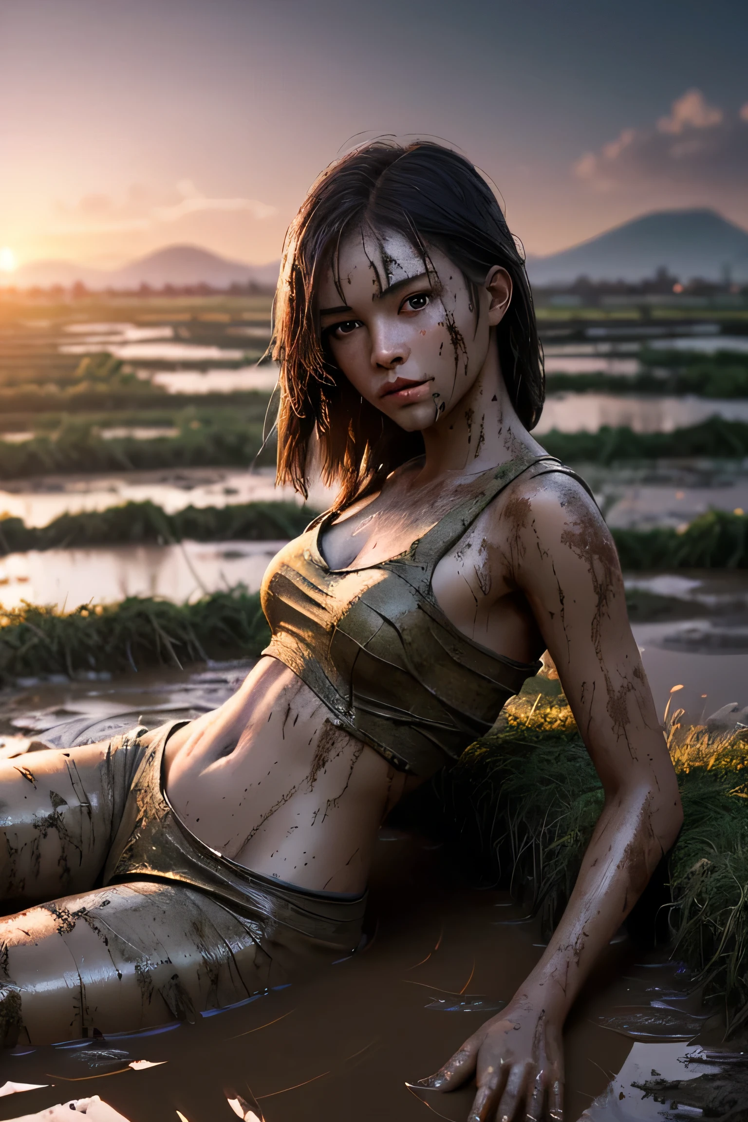 (masterpiece), (very complicated:1.3), (realistic), girl portrait, lying on her back floating on the surface of the mire, (dynamic perspective), the most beautiful in the world, (clothes covered with mud), from above, upper body, navel, outdoor, intense sunlight, distant factory group, Kure, Hiroshima, Stunning female professional photo details, sharp focus, dramatic, Award history, cinematic lighting, Octane Rendering Unreal Engine, volumetrics dtx, (film grain, blurred background, blurred foreground, Bokeh, Depth of the bounds written, sunset, motion blur:1.3)