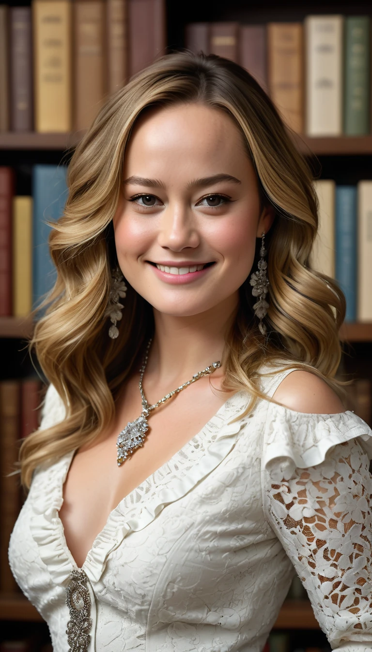 (((beautiful gorgeous Brie Larson, posing for photos, looking sexy, showing off her smile, ruffled lips, long flowing hair, extremely pretty eyes))), ((wearing floral silver necklace)), realistic photograph, highly detailed, sharp focus, (key lighting), (indoor bookstore setting), masterpiece, extremely gorgeous, flawless beauty, (perfect fit body, wide hips, small waist, thick thighs, firm abs, beautiful body, medium breasts), ((30 years old)), (extremely detailed 8k wallpaper), ((detailed face)), (((wearing white shirt, short tweed skirt, nylons with one seam, strappy sandals)), (long dark eye lashes), (((earrings))), ((())), (((viewed from behind))), (looking at camera), ((())), (glamour model), (flirty facial expression, flushed) (((standing in between tall bookshelves filled with books))), extremely detailed, masterpiece, intricate details, highly detailed, sharp focus, detailed skin, realistic skin texture, texture, detailed eyes, high resolution, kodak vision color, foto_\(ultra\), post-processing, maximum detail, roughness, real life, ultra realistic, photorealism, photography, absurdres, RAW photo, highest quality, high detail RAW color photo, professional photo, extremely detailed UHD 8k wallpaper unit, best quality, highres, (masterpiece, top quality, high resolution:1.4), photo, cinematic, film grain, sharp, soft natural light, magic photography, super detailed