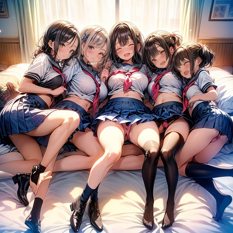 nswf:1.3,(masterpiece: 1.2, highest quality, masterpiece, Clearer images), (Bright colors), ((Take clear photos even from a distance)), (multiple girls), (Harem), (School classmates), (((All school uniforms have the same design))), (((Everyone is wearing the same navy blue skirt))), (()), ((prostitution婦)), (prostitution宿, on the bed), (cute Japanese((6 girls))), (((infant'face))), ((group shot)), (group selfie), ((ass visible through thighs))、 (Full body diagram from head to toe), front, frontやや下からの構図, symmetry, 18 year old tall girl, alone, (whole body from head to toe),wide angle, soft light, ((((laugh with your mouth wide open)))), (slightly larger breasts), ((prostitution)), (lure), ((viewers love it)), (((A lot of hearts are flying))), Landscape、(((show panty:1.6)))、((((open legs:1.5)))、((female masturbation:1.8))、((breast grab:1.3)),(((bra lift:1.2)))、(skirt lift:1.3) 、one eye closed、stick out one's crotch、((youth))、black tights、black stockings、black pantyhose、((((sitting, knees up))))