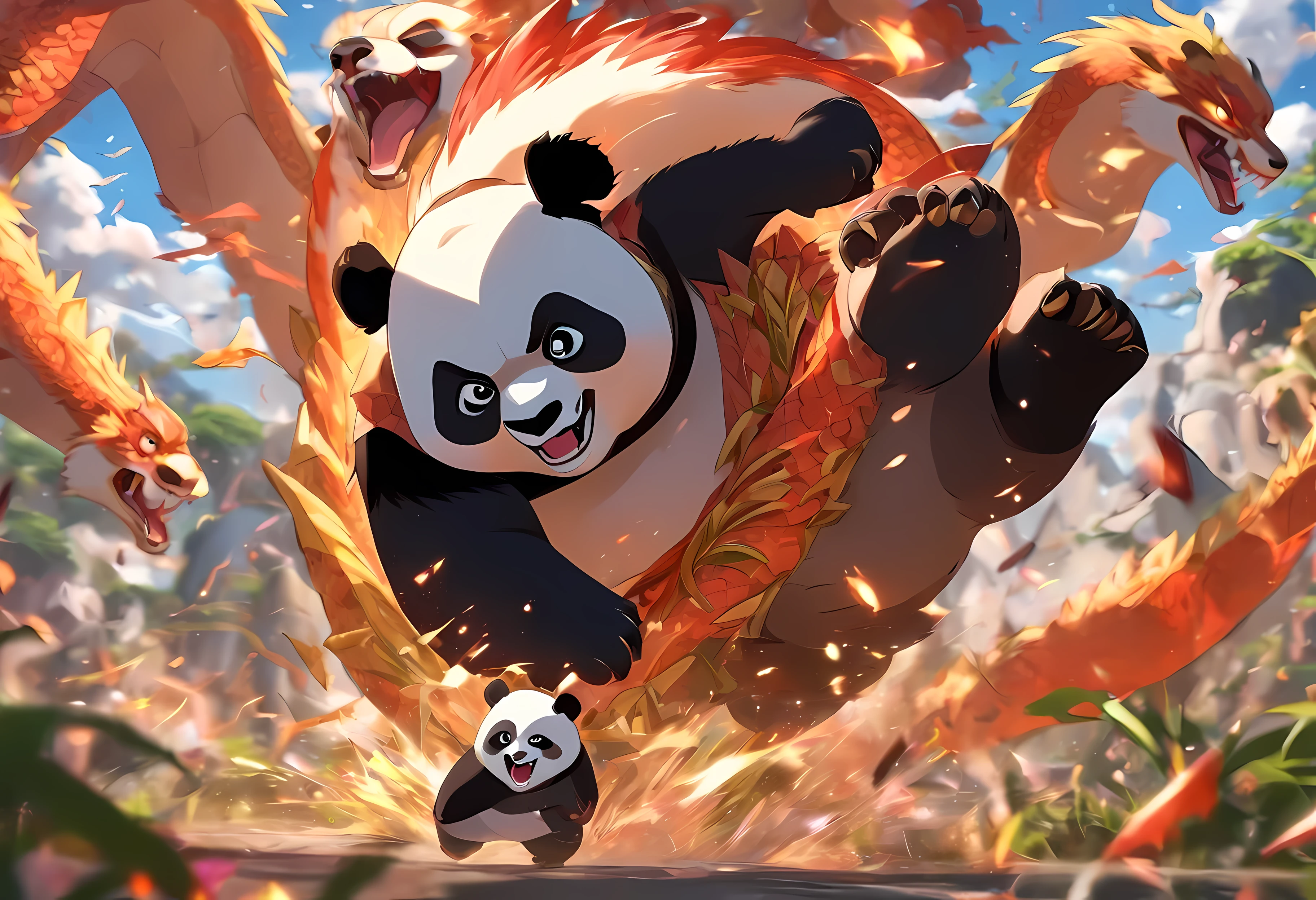 3Whole body panda fights dragon,Has big eyes,Blushlush,lazy,greet, 。.。.。.3D, 4K