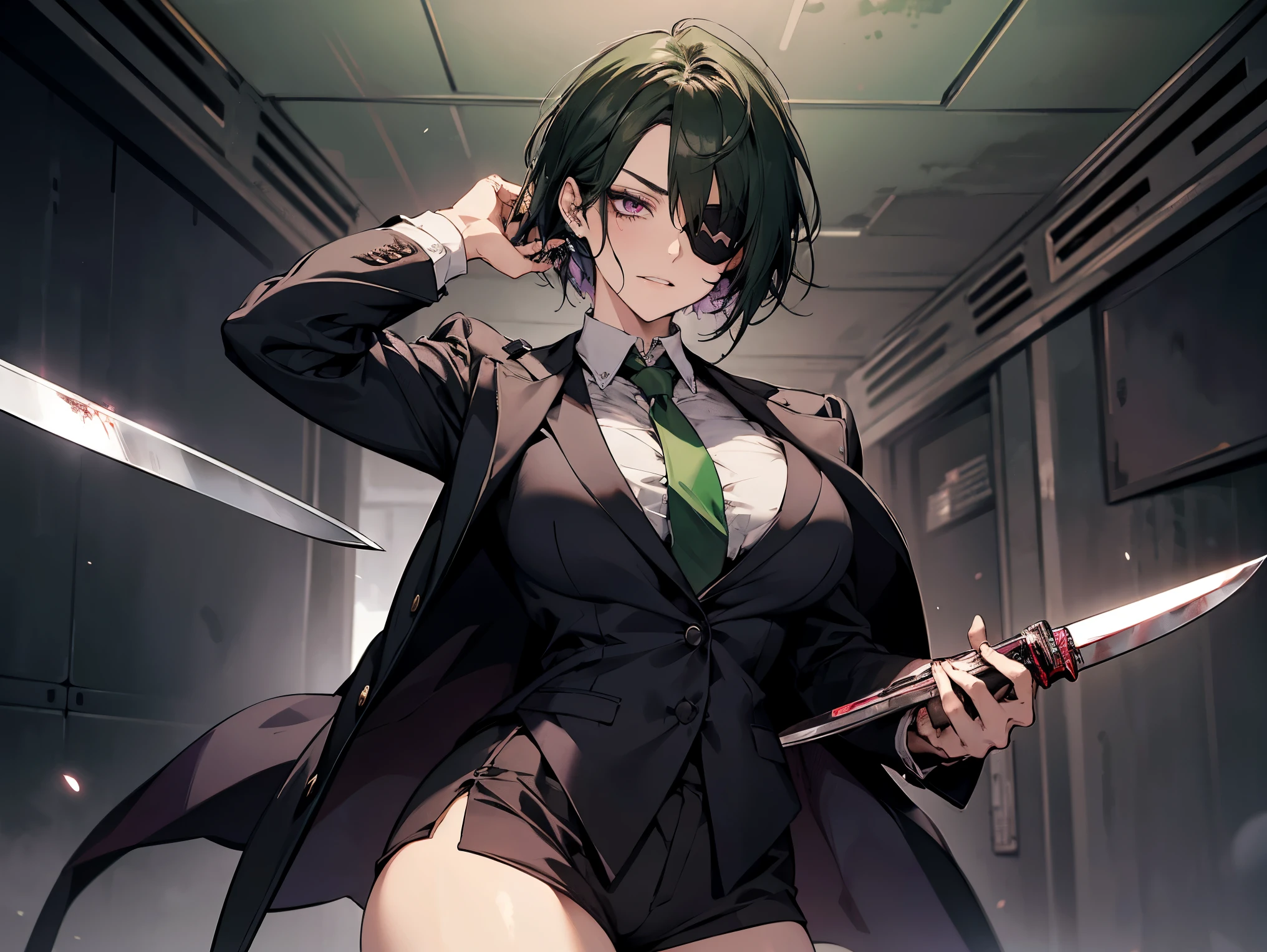 1female, teacher, wearing a dirty purple tint suit, Green tie, bootyshorts, Thicc, big breast, dirty green tint hair, Short hair, white eyes, face to detail, detailed eyes, Black eyepatch, the background is a Dark room, showing her fangs, staring into the screen. Holding a knife full of blood.