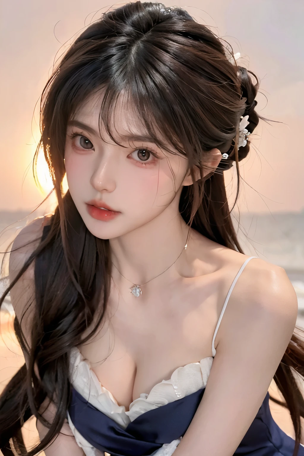 Beautiful woman with perfect body:1.4,layered hairstyle,prominent cleavage:1.5,front,whole body,Highly detailed facial and skin textures,double eyelids,whiten skin,long hair