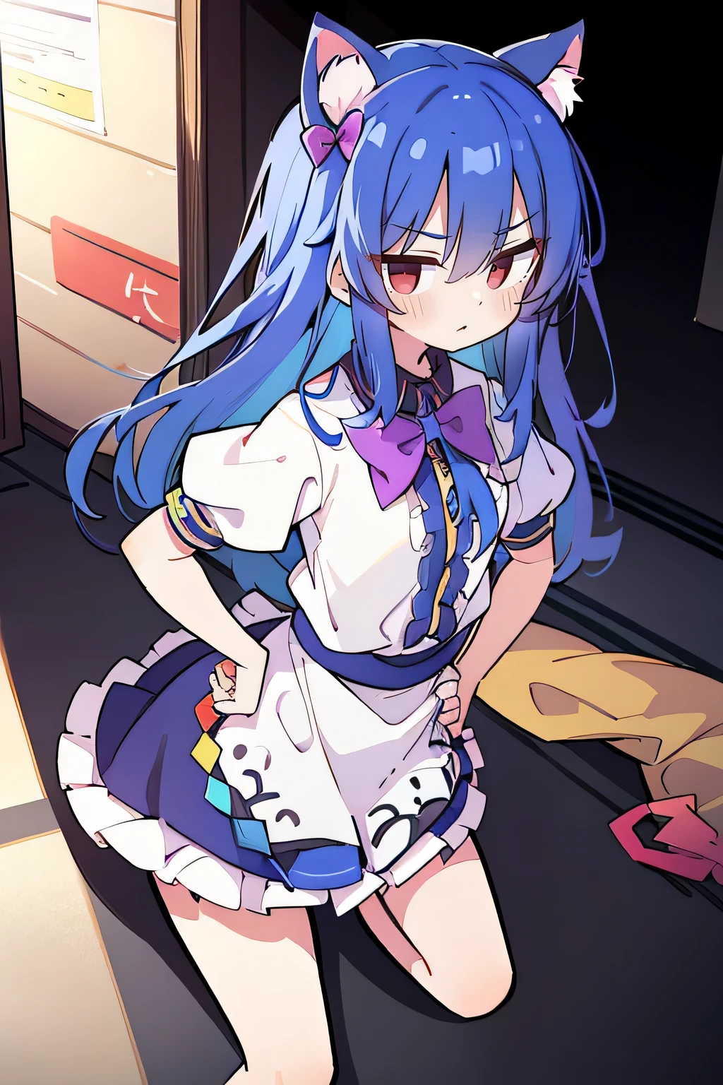 (masterpiece),best quality, expressive eyes, perfect face, 1girl,
Put your hands on your waist,fair, Gorgeous,Japanese cartoons,girl,lola,Hina Angel, blue hair, blue haired, floating clothes,Grab your waist, Grab your waist, hands on hips , hands on hips,sit, sit on ground, Legs on the ground, flat chest,cat ears,