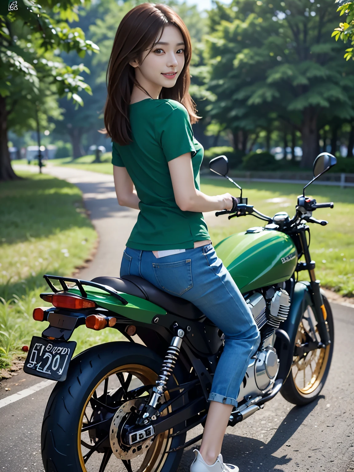((highest quality)), ((masterpiece)), ((perfect face))、(Detailed motorcycle)、8K、Realistic and clear photos、((riding a motorcycle))、slender body、smile、chestnut hair、((Green T-shirt, jeans and sneakers))、((full body shot))、(((back view)))