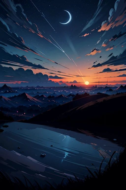 Cartoon sky, 2d, animation, wide shot, wide angle, open dusk sky with wispy clouds, quiet, dark, night clouds, the distant moon