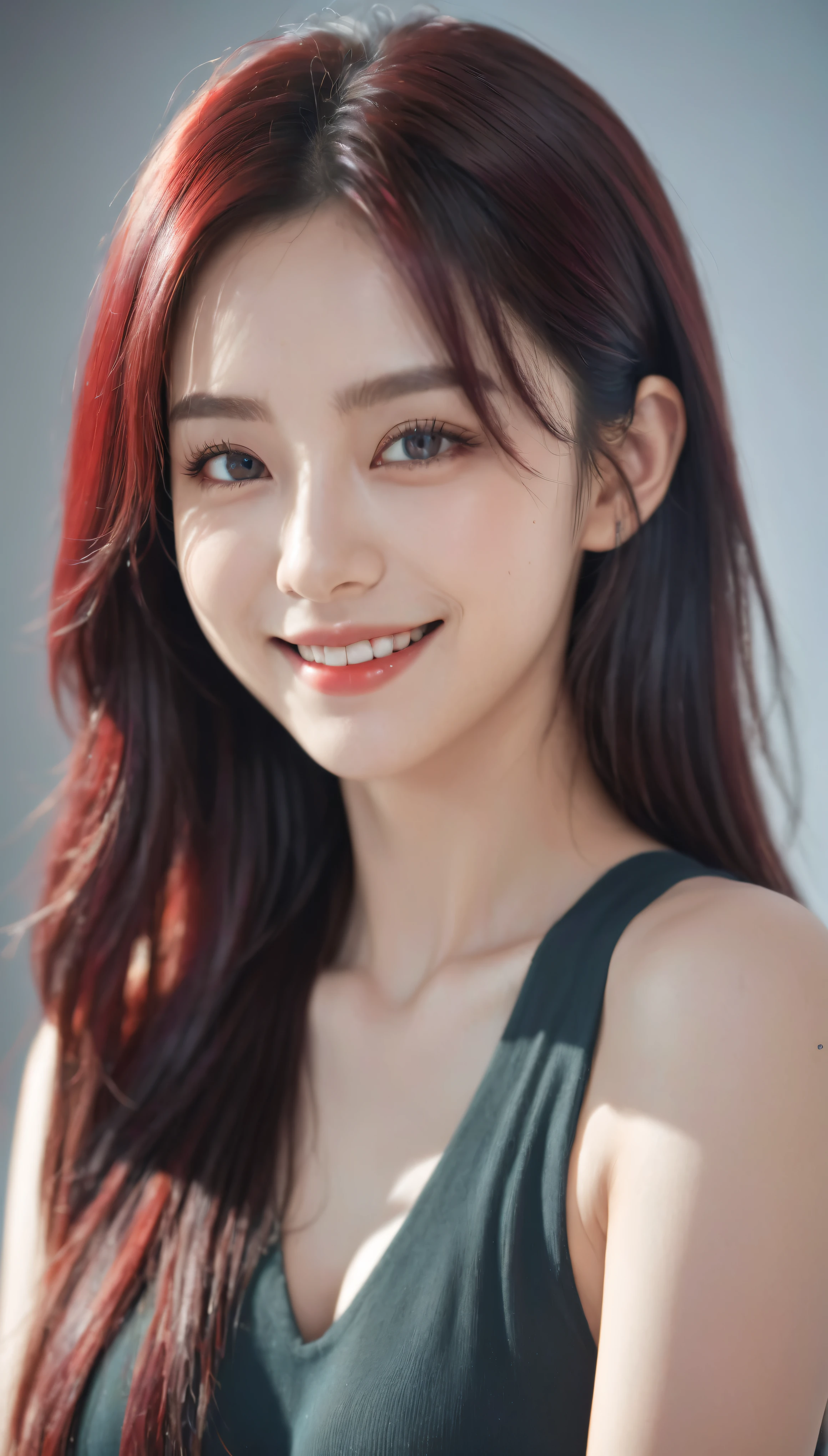 black hair, long eyelashes, light smile, tusk, striated hair, multicolored hair, colored inner hair, red hair, hair clip, mole under eyes, incompatible pupils, empty eyes, empty eyes, dilated pupils, heart-shaped pupils, smiling, shadow, anaglyph, depth of field, motion blur, brightness, color field painting, anime style, 8k, super detail, best quality, UHD, 8k